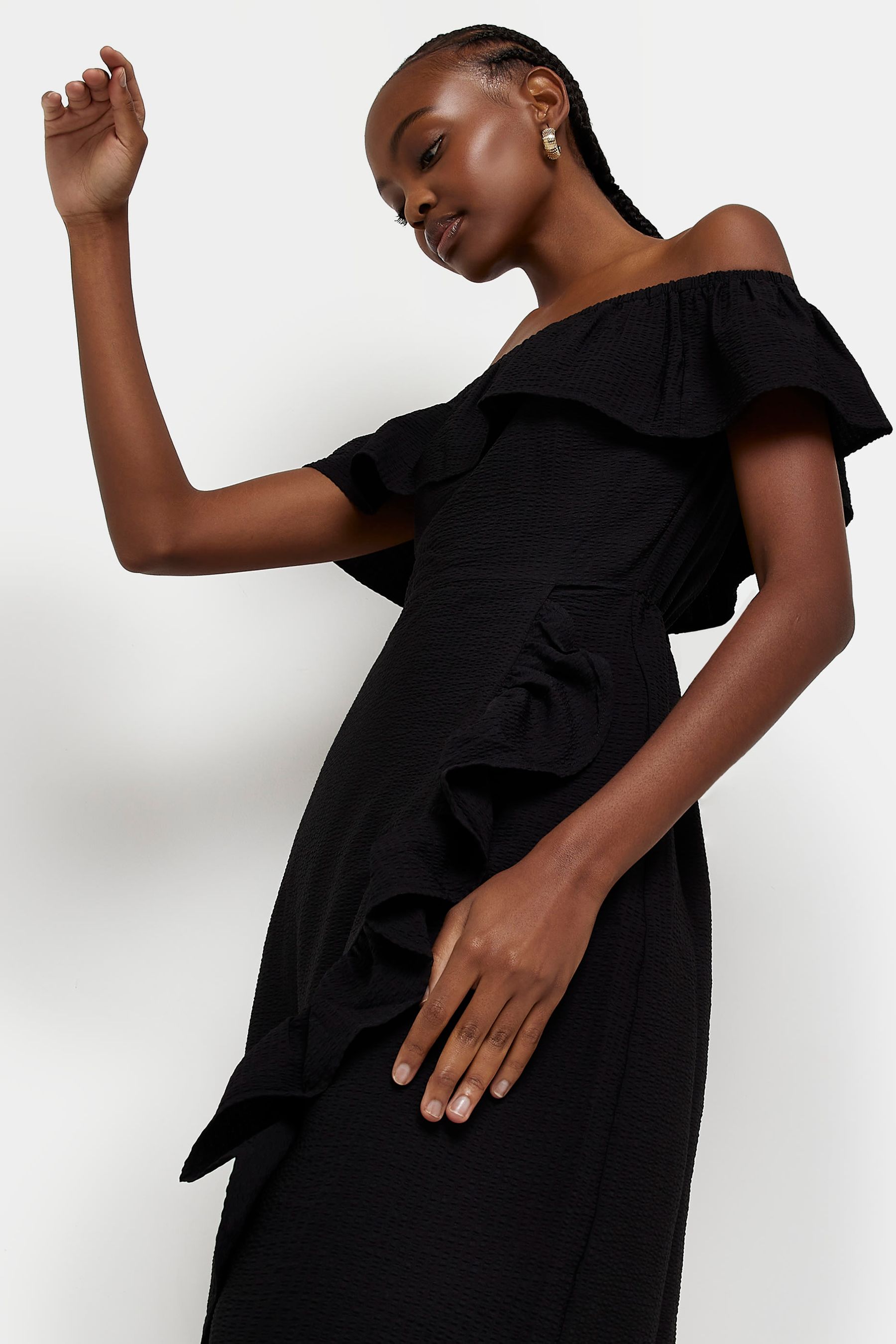 Buy River Island Black Bardot Frill Midi Dress from the Next UK