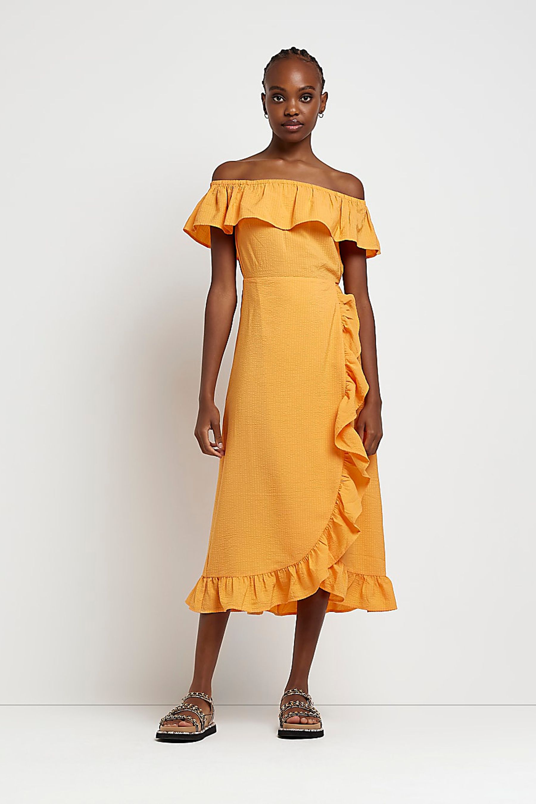Bardot off shoulder frill midi dress 2025