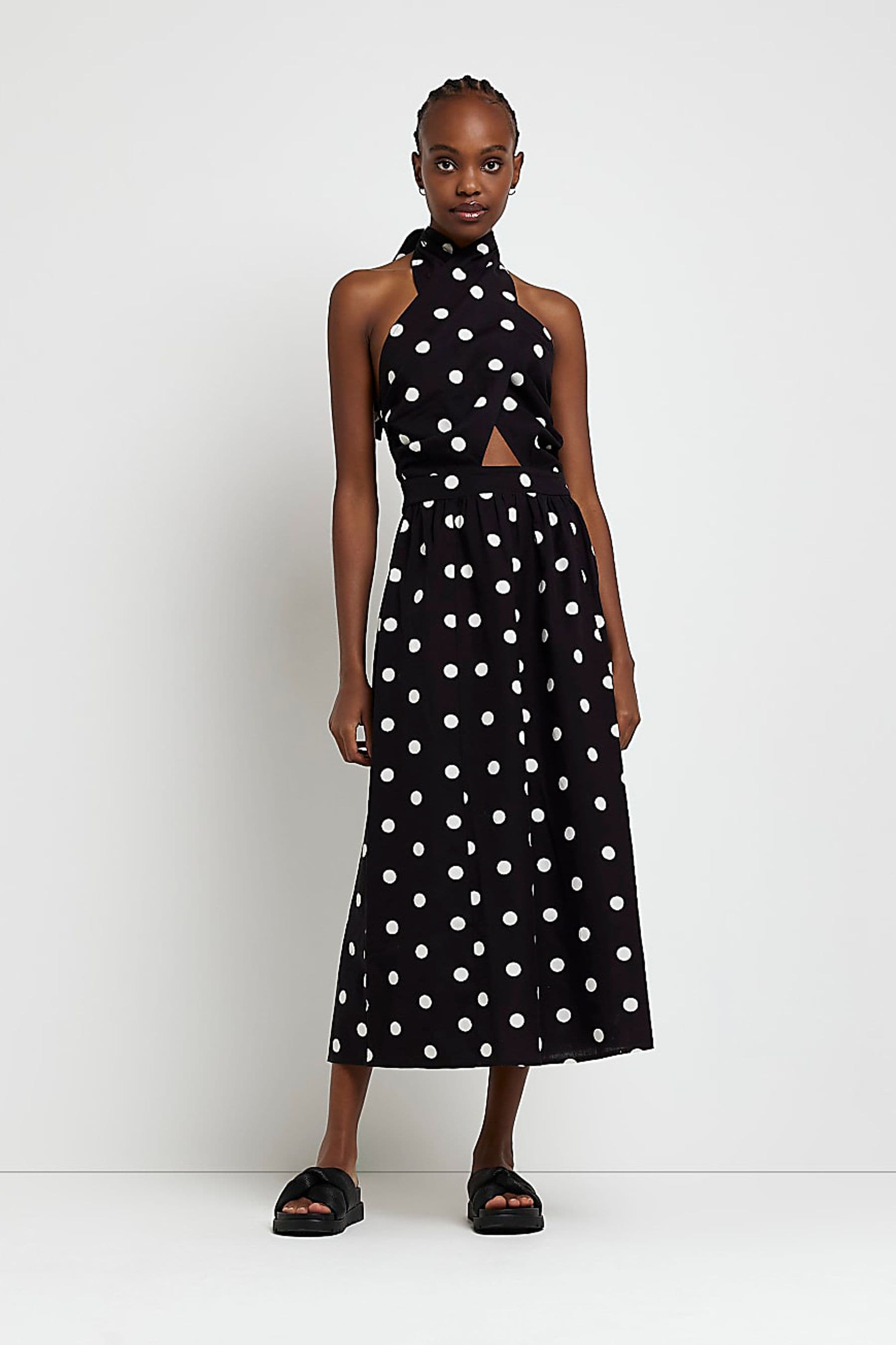 Black halter neck midi dress sale