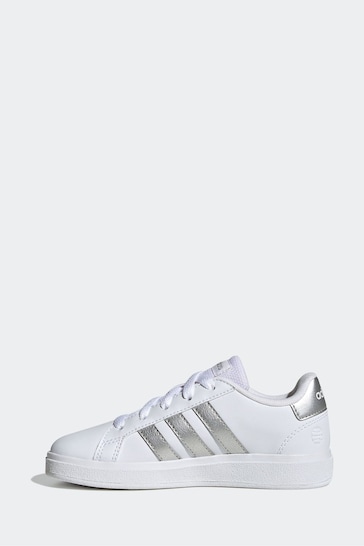adidas White/Silver Kids Sportswear Grand Court Lifestyle Tennis Lace-Up Trainers