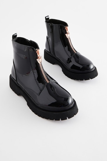 Black Patent Zip Front Chunky Boots