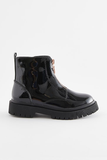 Black Patent Zip Front Chunky Boots
