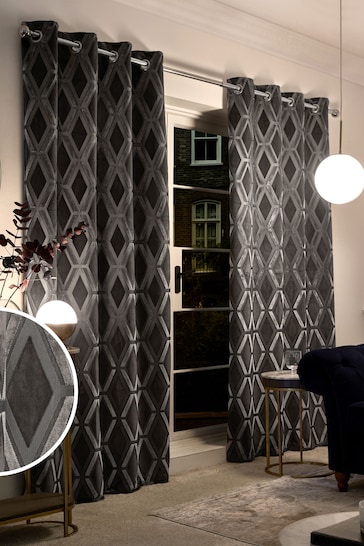 Charcoal Grey Collection Luxe Heavyweight Geometric Cut Velvet Blackout/Thermal Eyelet Curtains