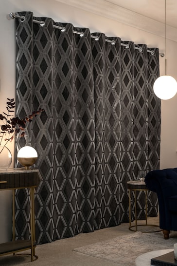 Charcoal Grey Collection Luxe Heavyweight Geometric Cut Velvet Blackout/Thermal Eyelet Curtains