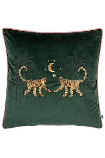 Wylder Green Dusk Monkey Embroidered Piped Velvet Cushion