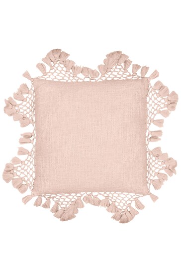 The Linen Yard Pink Anko Slub Cotton Macramé Tassel Trim Cushion