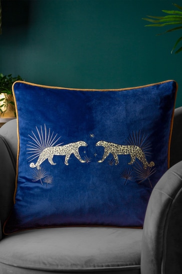Wylder Blue Dusk Leopard Embroidered Piped Velvet Cushion