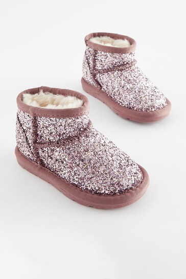 Pink Glitter Mini Faux Fur Lined Water Repellent Pull-On Suede Boots