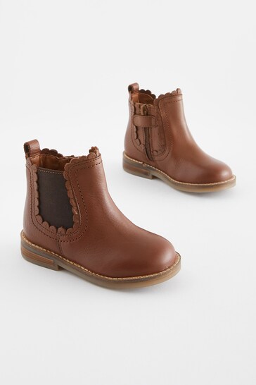 Tan Brown Leather Standard Fit (F) Scallop Chelsea Boots