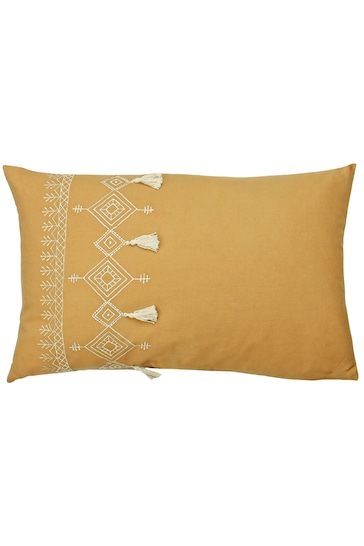 furn. Yellow Pritta Cotton Embroidered Tasselled Cushion