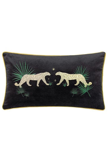 Wylder Black Dusk Leopard Rectangular Embroidered Piped Velvet Cushion