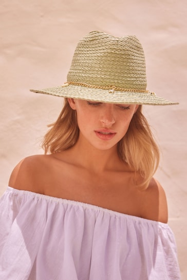 Sage Green Panama Hat with Shell Trim