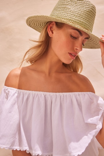 Sage Green Panama Hat with Shell Trim