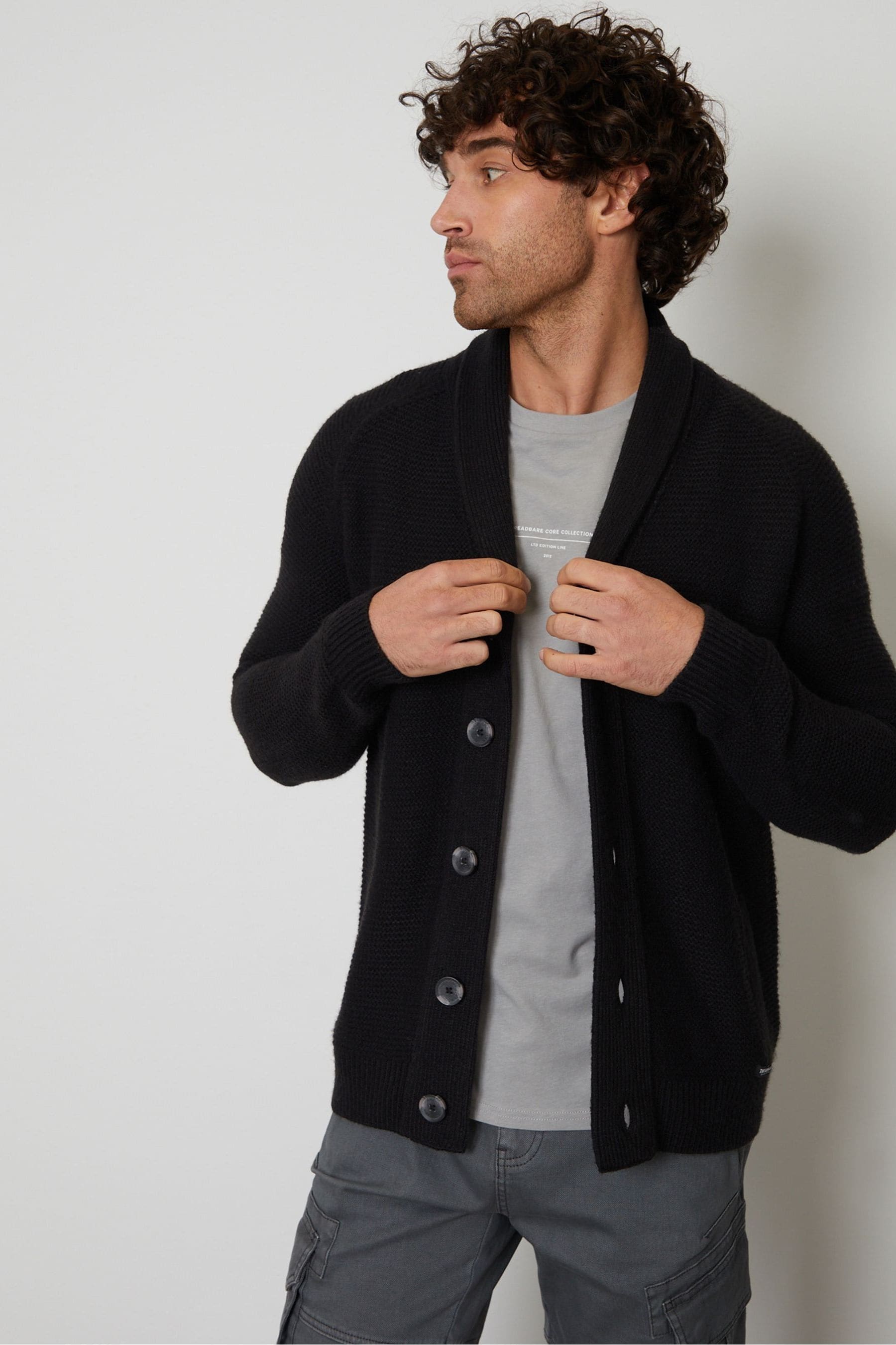 Buy Threadbare Black Shawl Collar Textured Knit Cardigan from the