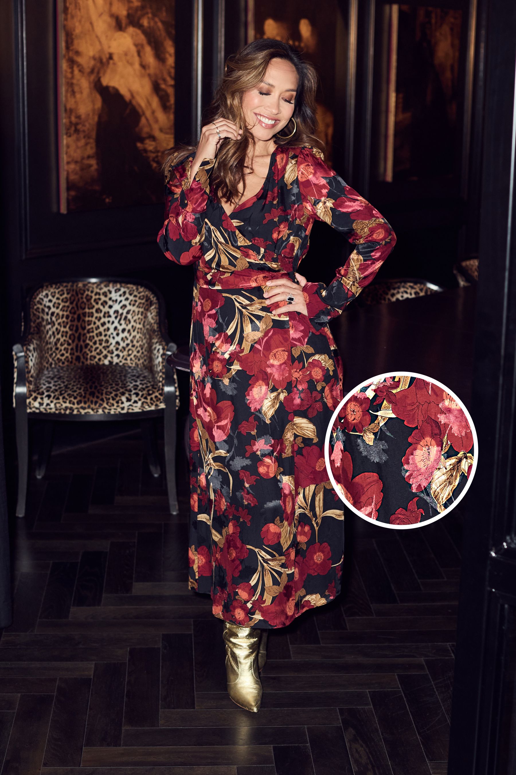 Myleene Klass Floral Print Wrap Black Dress