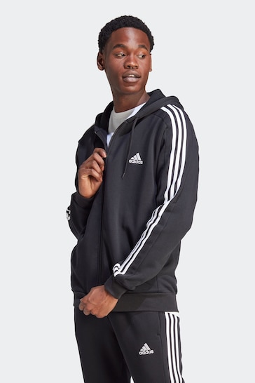 Buy adidas Black Essentials Fleece 3-Stripes Full Zip Hoodie from the ...