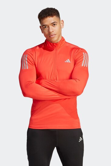 adidas Red Performance Own the Run 1/4 Zip Long Sleeve Sweatshirt