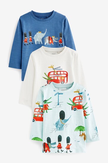 Blue/White London Bus Long Sleeve Character T-Shirts 3 Pack (3mths-7yrs)