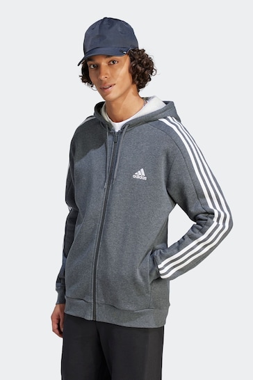 adidas Grey Essentials Fleece 3-Stripes Full Zip Hoodie