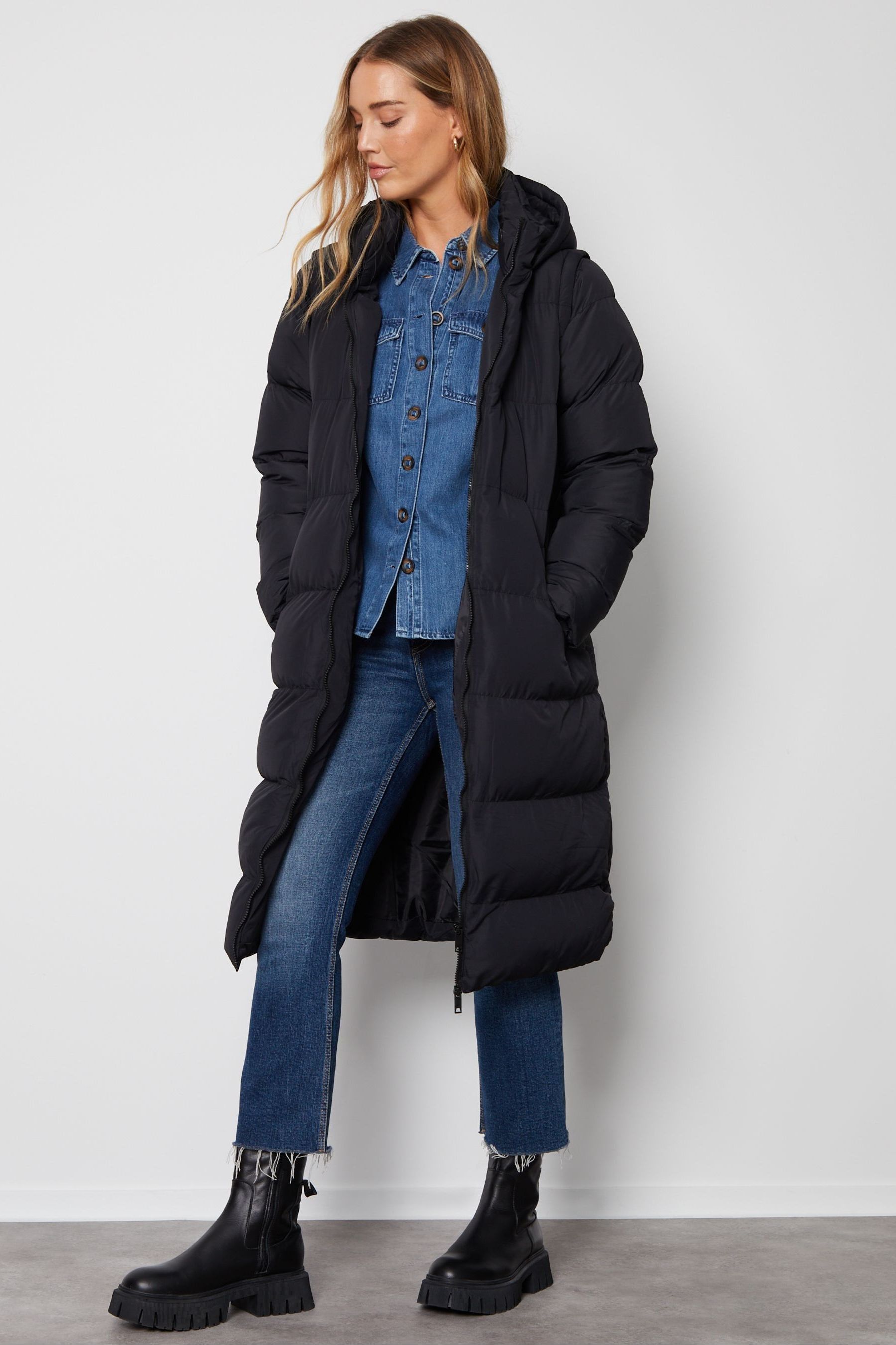 Threadbare Black Longline Hooded Padded Puffer Coat