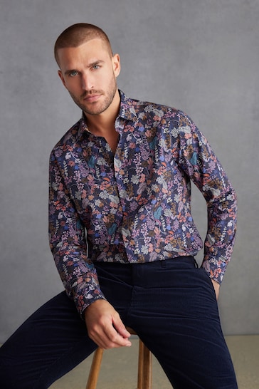 Navy Blue Floral Signature Made In Italy Texta Print Shirt