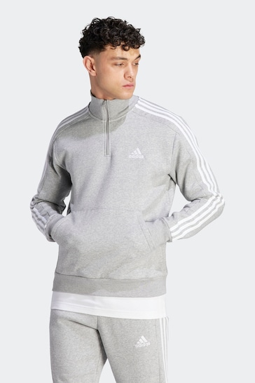 adidas Grey Essentials Fleece 3-Stripes 1/4-Zip Sweatshirt