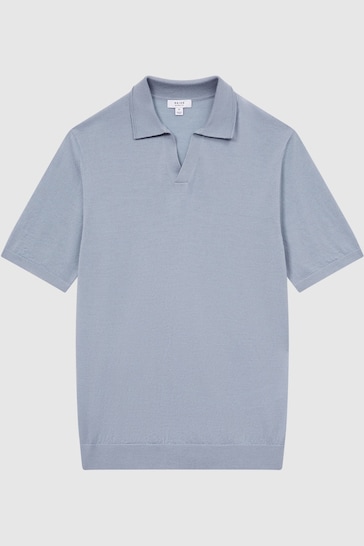 Reiss Dove Blue Duchie Merino Wool Open Collar Polo Shirt