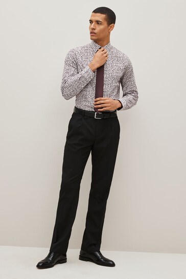 White/Burgundy Red Ditsy Regular Fit Single Cuff Shirt And Tie