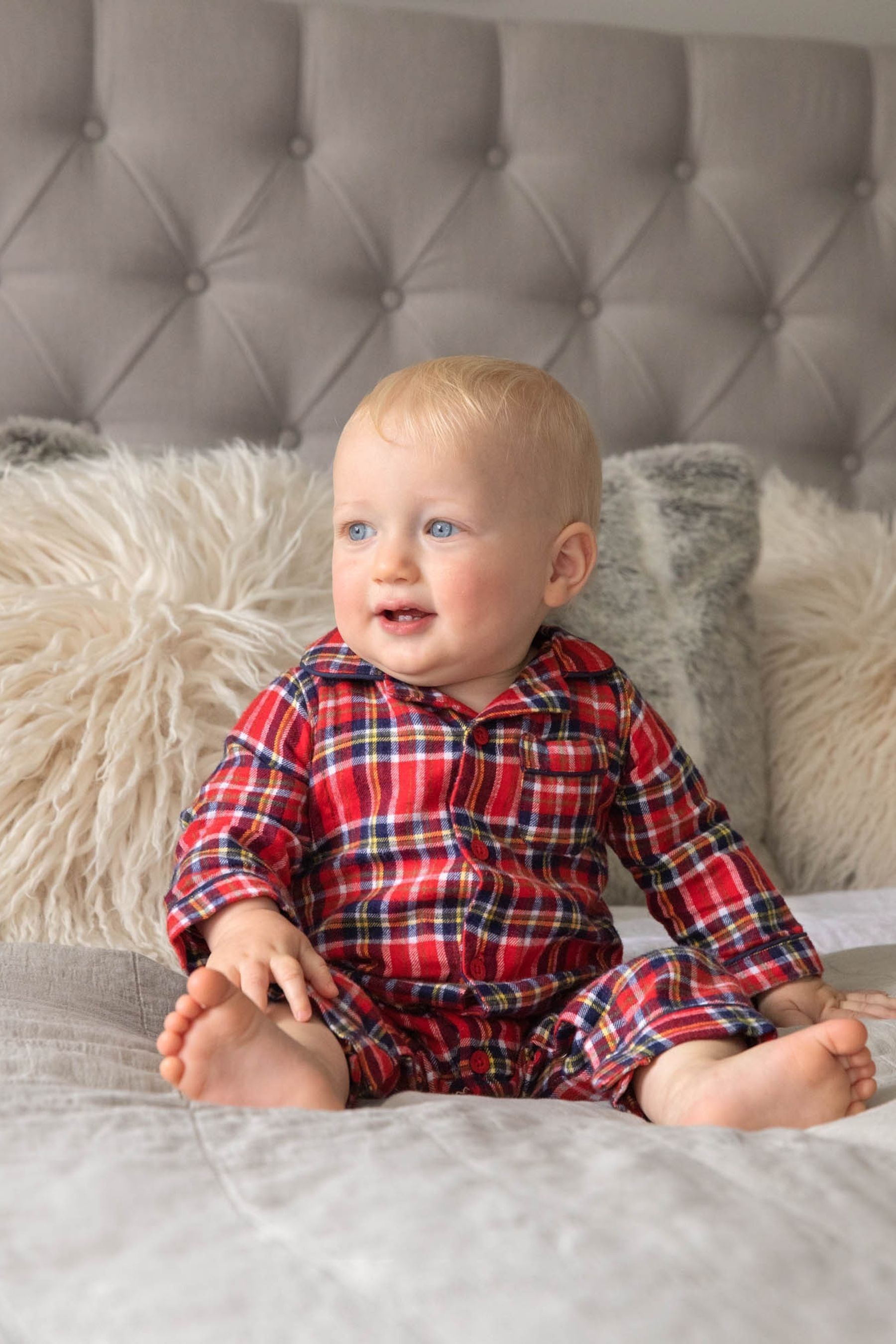 JoJo Maman Bebe Red Boys Tartan Woven All In One Pyjamas
