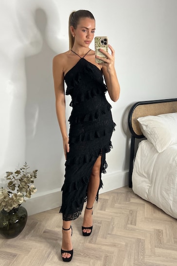 Style Cheat Black Lace Halter Midi Dress