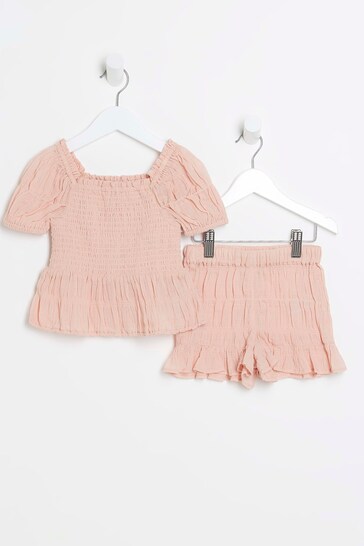 River Island Girls Pink Shirred Co Ord Set