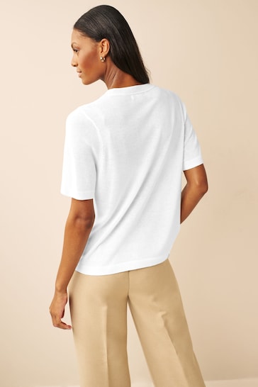 White Utility Pocket Detail Knitted Linen T-Shirt
