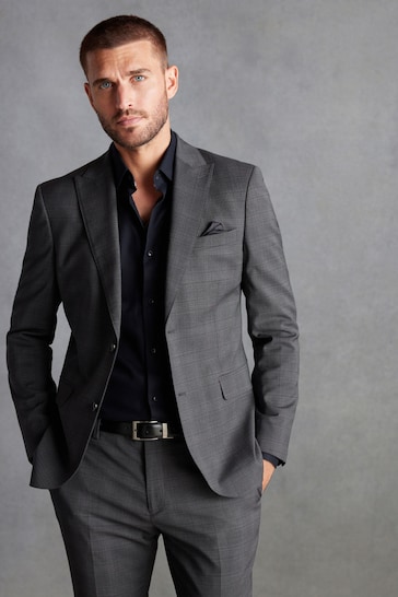 Grey Skinny Signature Zignone Italian Fabric Check Suit: Jacket