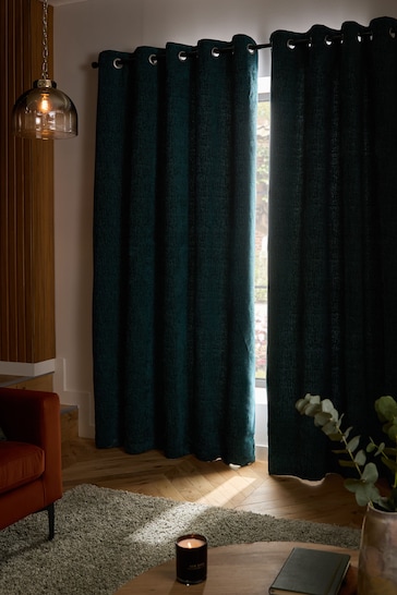 Dark Teal Green Next Heavyweight Chenille Eyelet Super Thermal Curtains