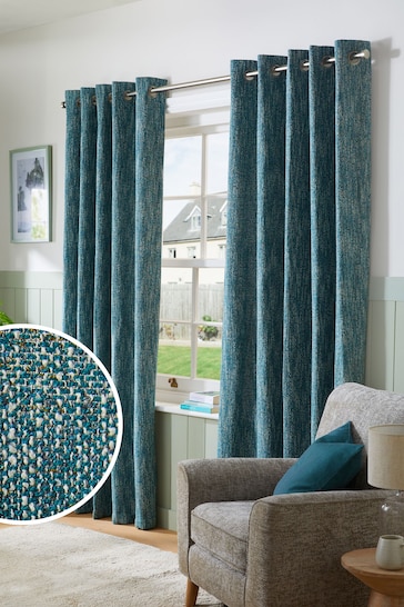 Teal Blue Bobble Texture Lined Eyelet Curtains