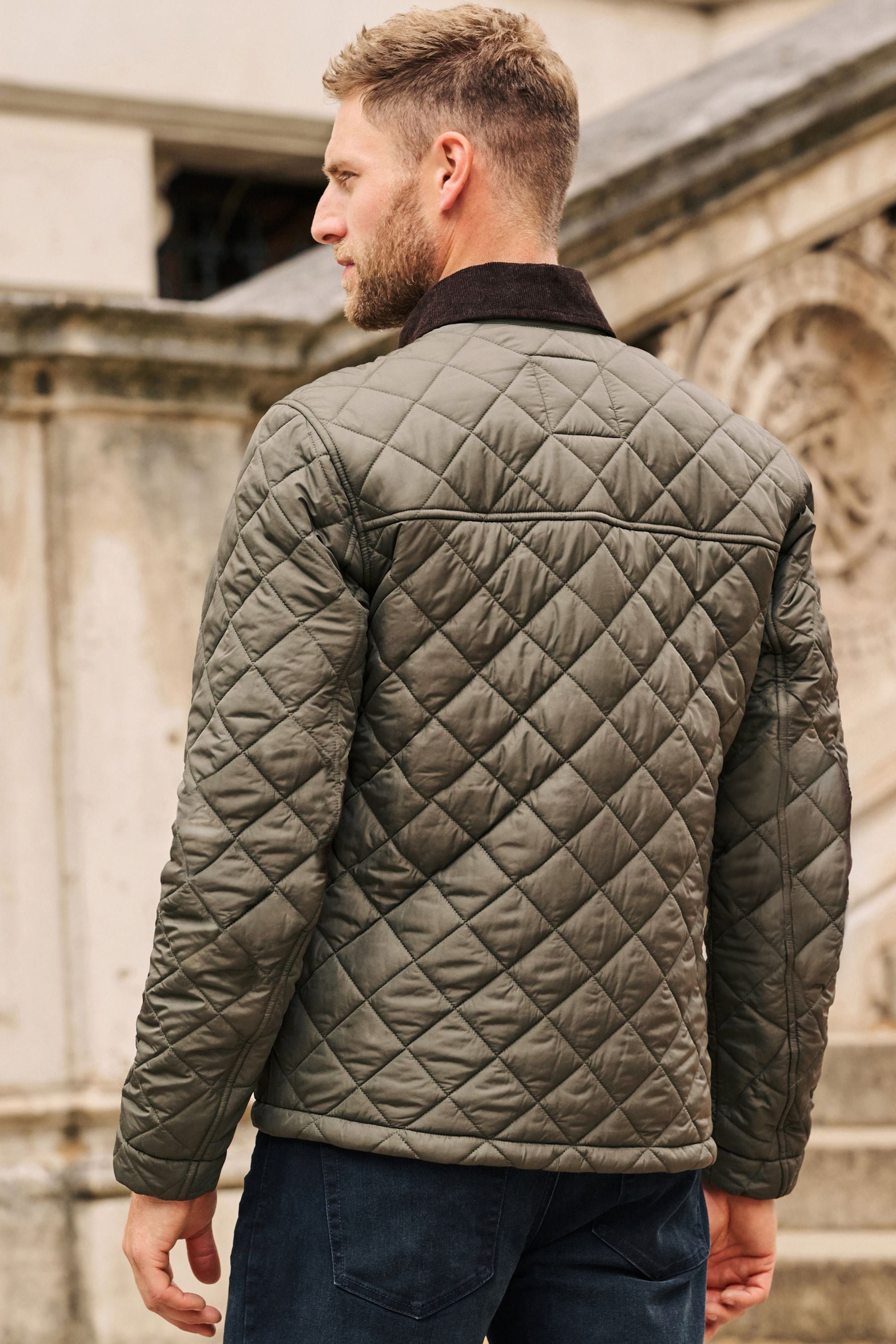 Khaki Green Diamond Quilt Corduroy Collared Jacket