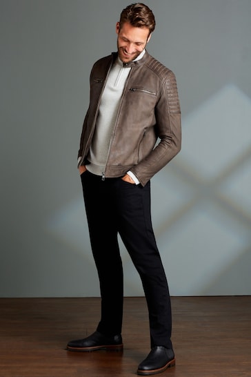 Brown Leather Quilted Racer Jacket