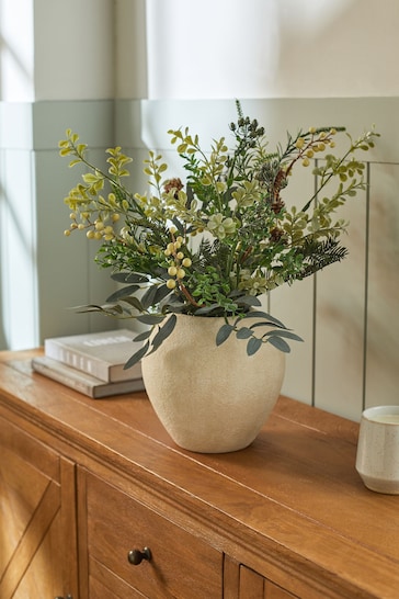 Green Artificial Winter Floral In Stone Vase