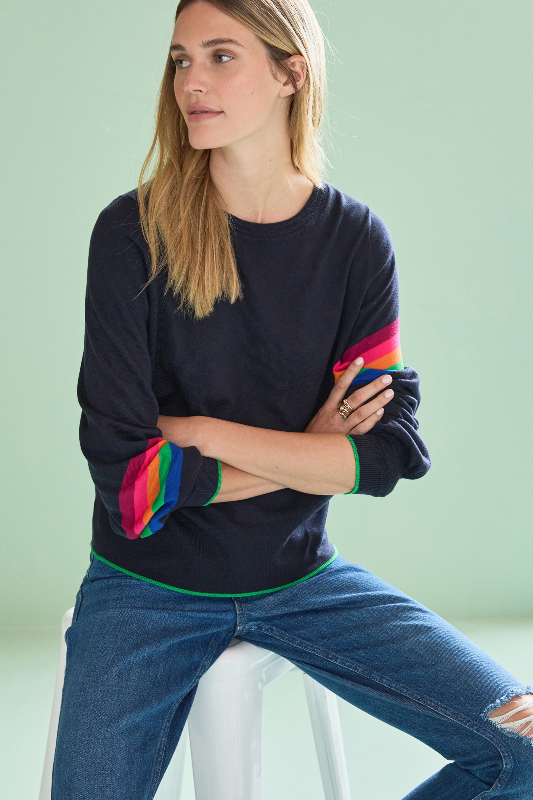 Navy Blue with Rainbow Stripe Sleeve Round Neck Jumper