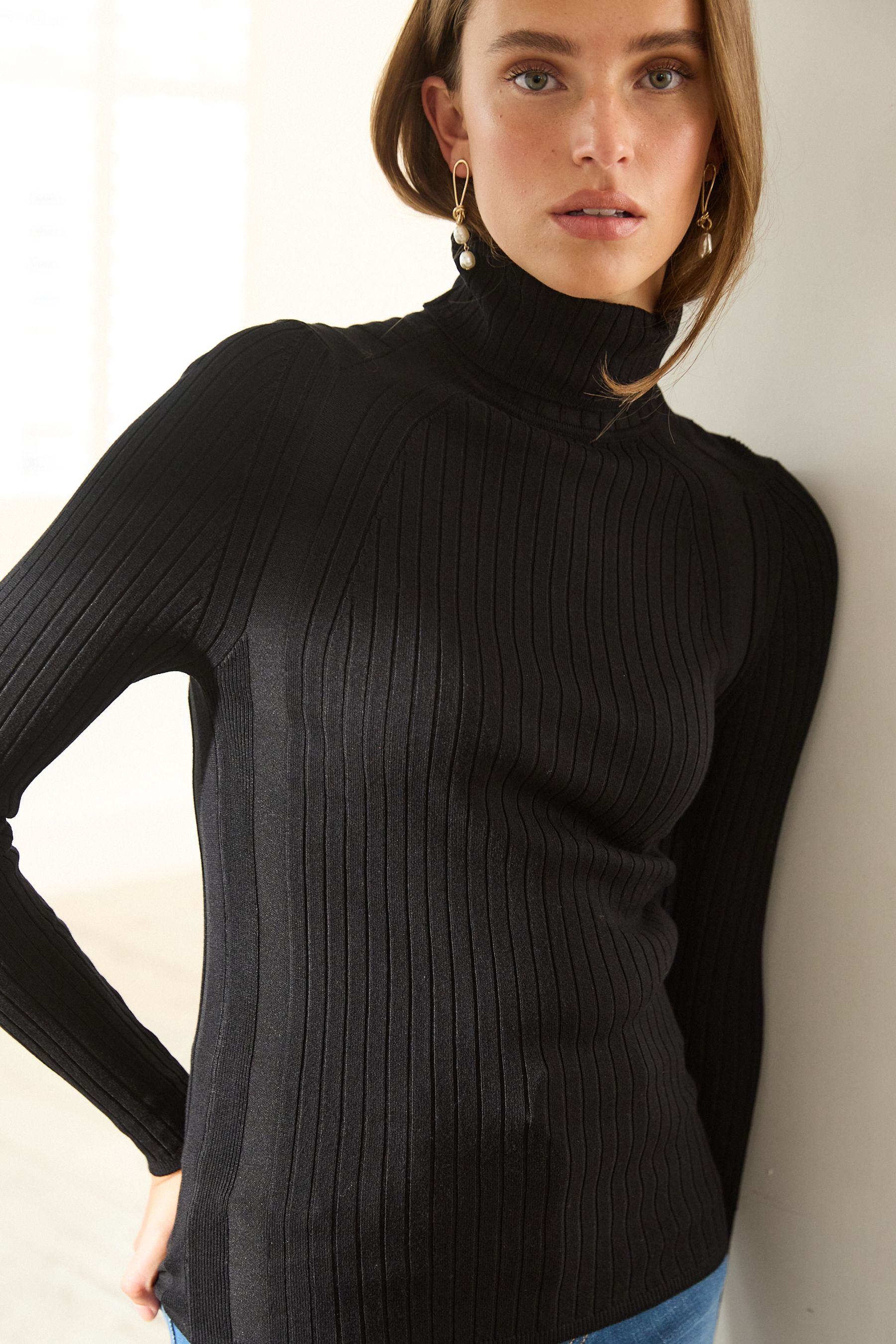 Ladies black ribbed shop polo neck jumper
