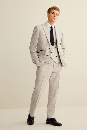 Light Grey Regular Fit Trimmed Check Suit Jacket