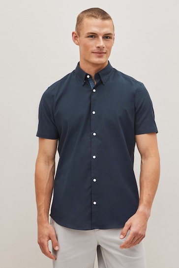 Buy Navy Blue Stretch Oxford Short Sleeve Shirt from the Next UK online ...