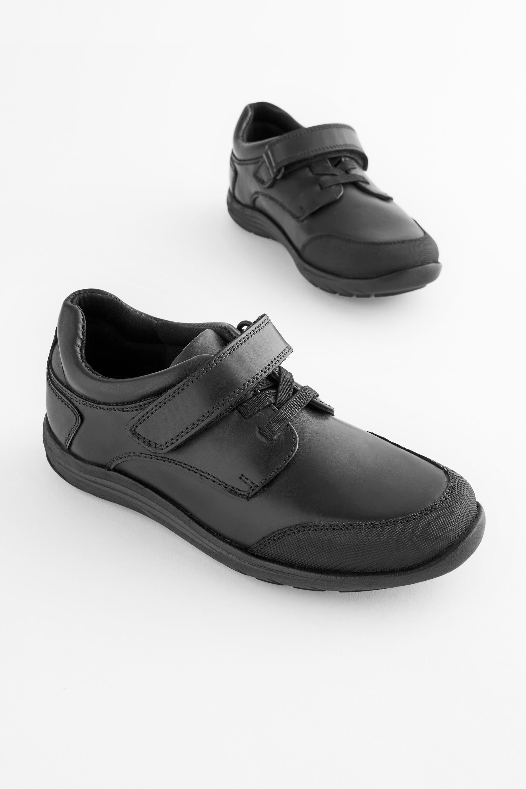 Black Standard Fit F School Leather Elastic Lace Shoes