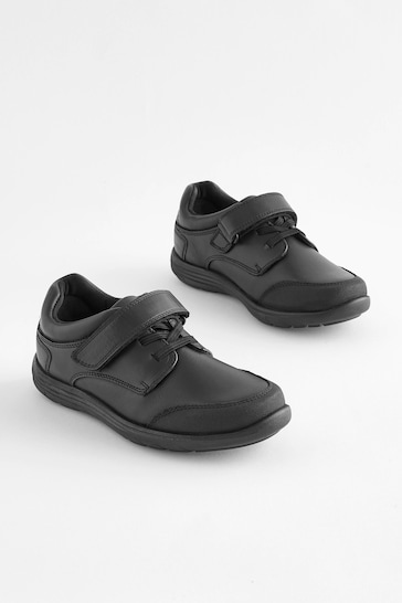 Black Wide Fit (G) School Leather Elastic Lace Shoes