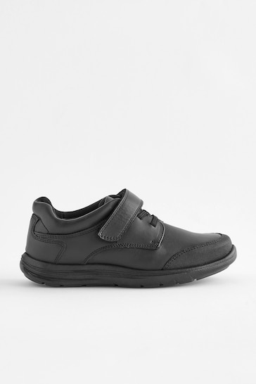 Black Wide Fit (G) School Leather Elastic Lace Shoes