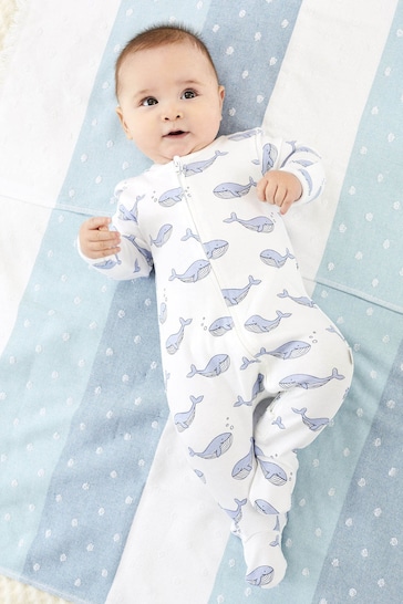 JoJo Maman Bébé Blue Whale Print Zip Cotton Baby Sleepsuit