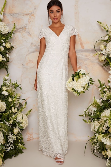 Chi Chi London White Bridal V-Neck All-Over Lace Shauni Dress