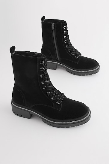 Black Velvet Forever Comfort® Diamanté Rand Lace-Up Boots
