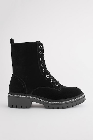 Black Velvet Forever Comfort® Diamanté Rand Lace-Up Boots