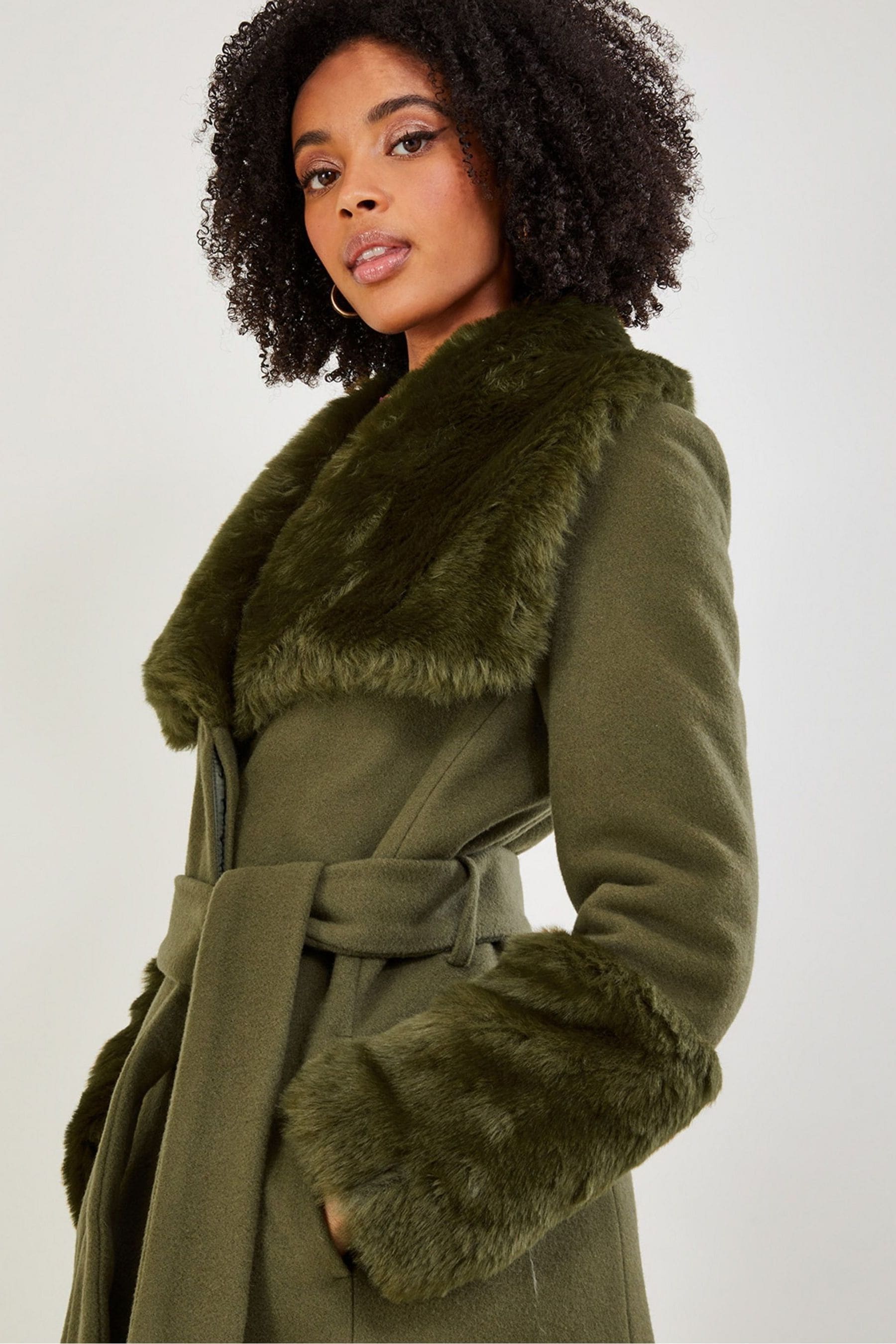 Buy Monsoon Green Sadie Faux Fur Trim Wrap Coat from the Next UK